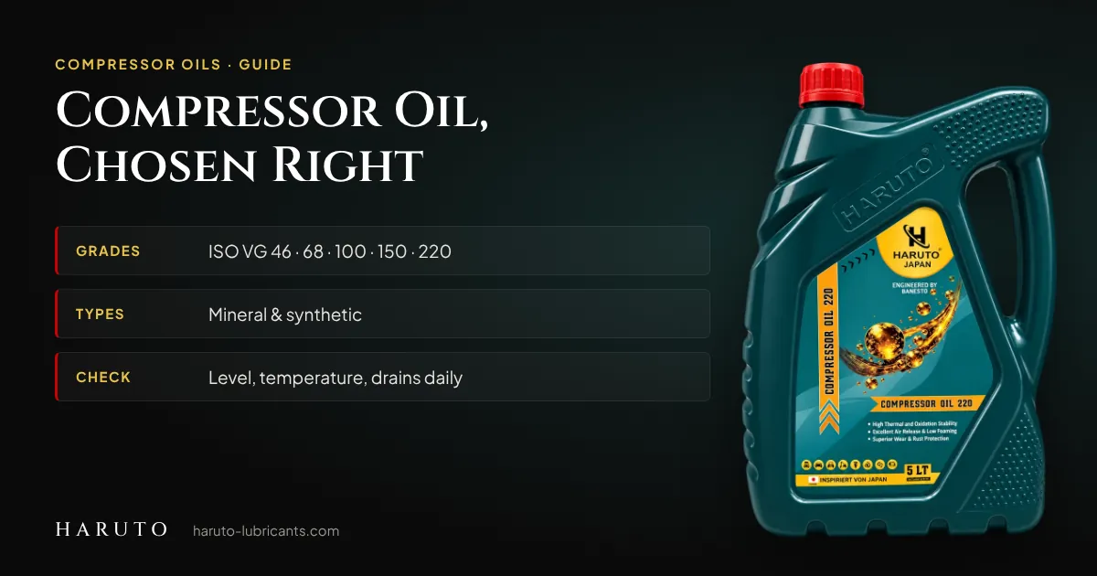 Air compressor oil guide: ISO VG 46 to 220, mineral and synthetic formulations and the daily oil checks, shown with a Haruto Compressor Oil 220 5 L pack