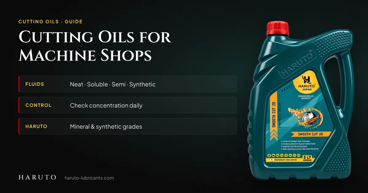 Cutting oil guide: neat, soluble, semi-synthetic and synthetic metalworking fluids and daily concentration control, shown with a Haruto Smooth Cut 20 5 L pack