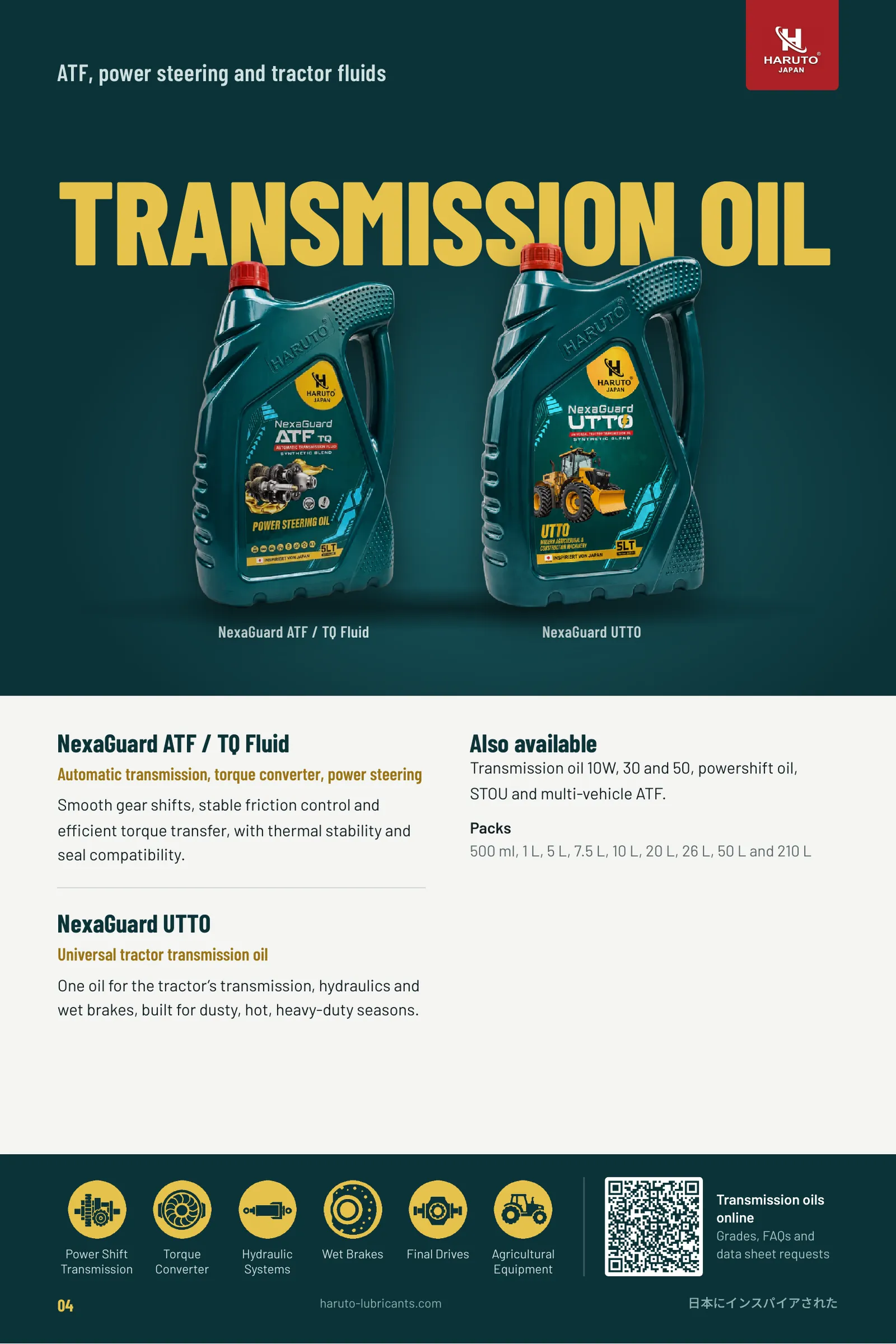 Haruto brochure page 4: Transmission oils - NexaGuard ATF/TQ and UTTO