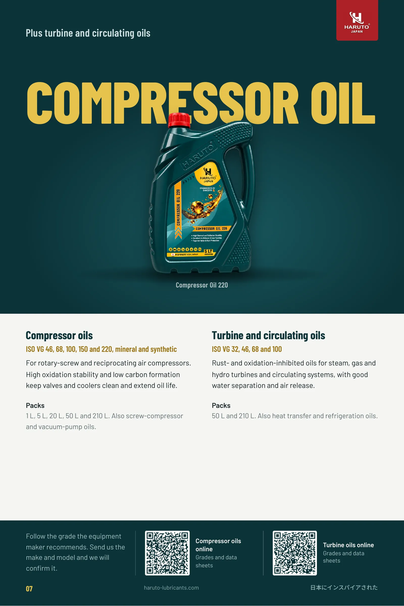 Haruto brochure page 7: Compressor and turbine oils