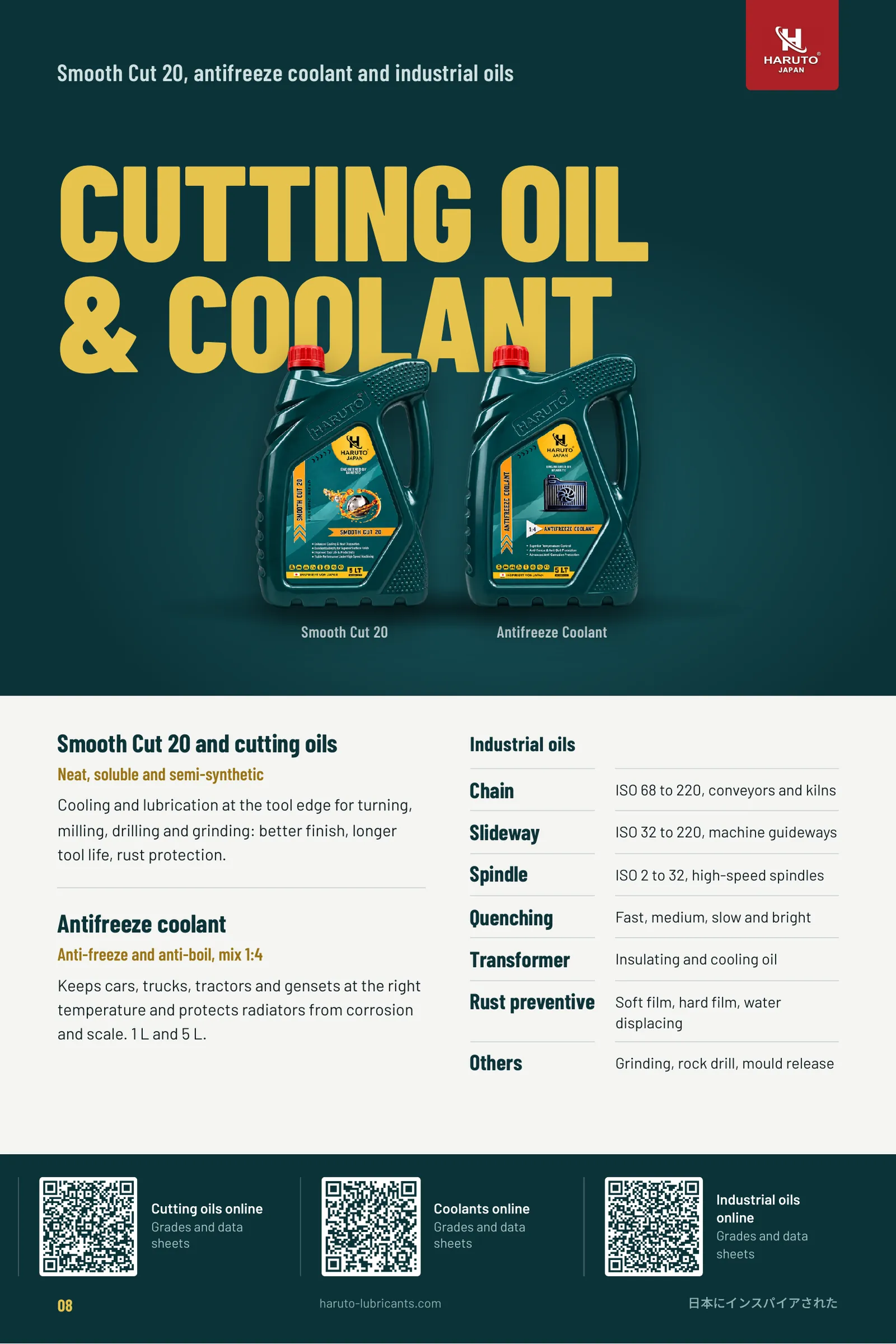 Haruto brochure page 8: Cutting oil, coolant and industrial oils